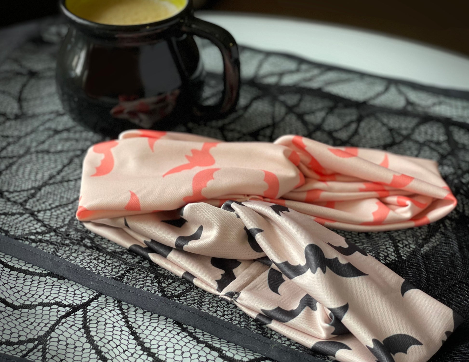 Bats pattern, boho halloween, headband, head wrap, cream, black, coral, peach