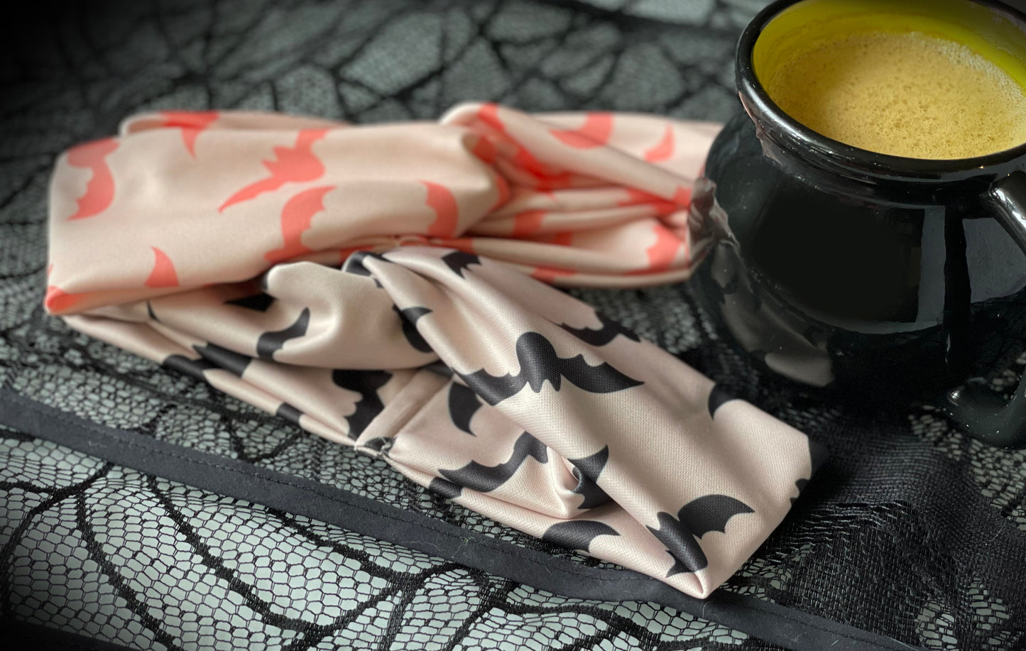 Bats pattern, boho halloween, headband, head wrap, peach, terracotta, coral, black