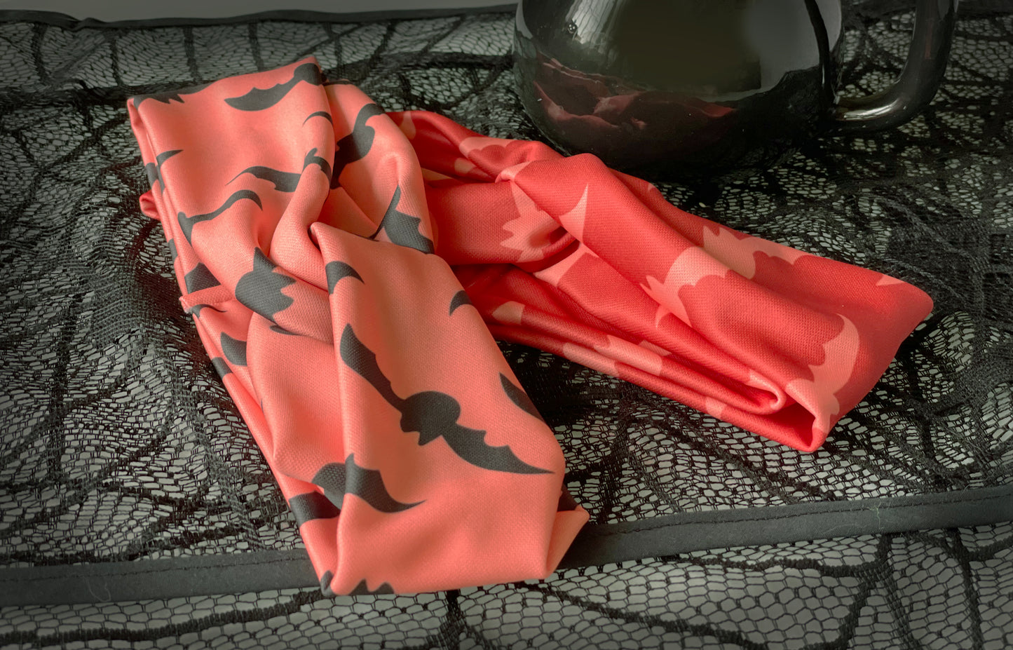 Bats pattern, boho halloween, headband, head wrap, cream, black, coral, peach