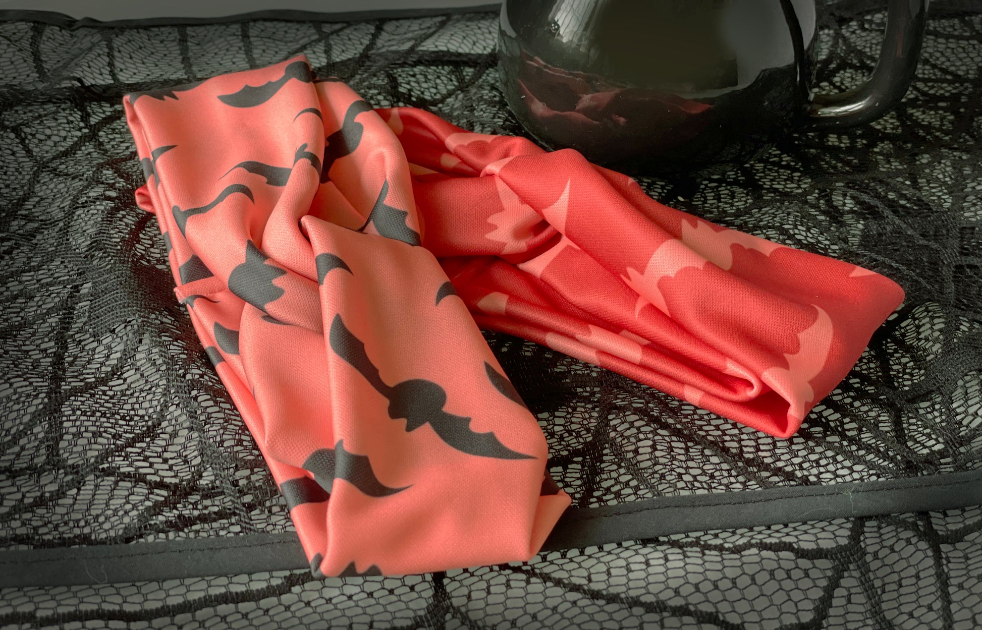 Bats pattern, boho halloween, headband, head wrap, cream, black, coral, peach