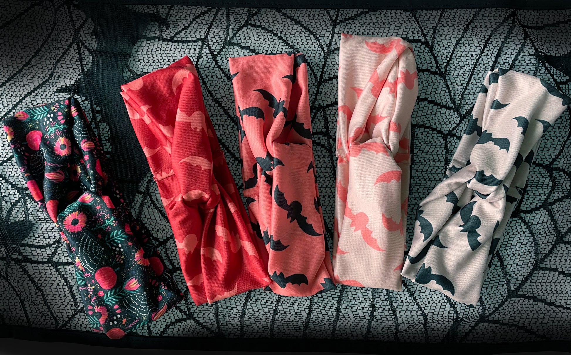 Bats pattern, boho halloween, headband, head wrap, cream, black, coral, peach