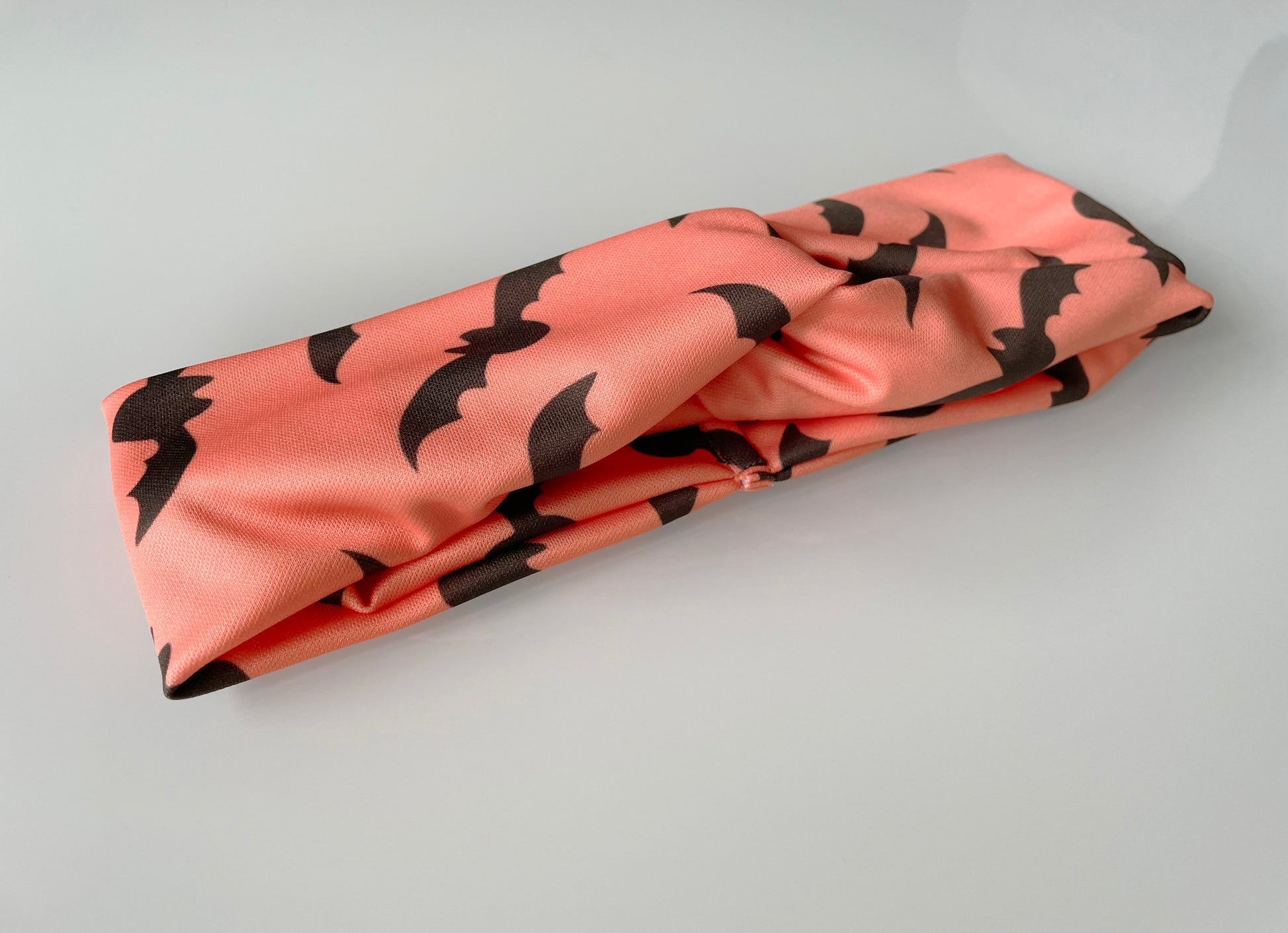 Bats pattern, boho halloween, headband, head wrap, coral, black