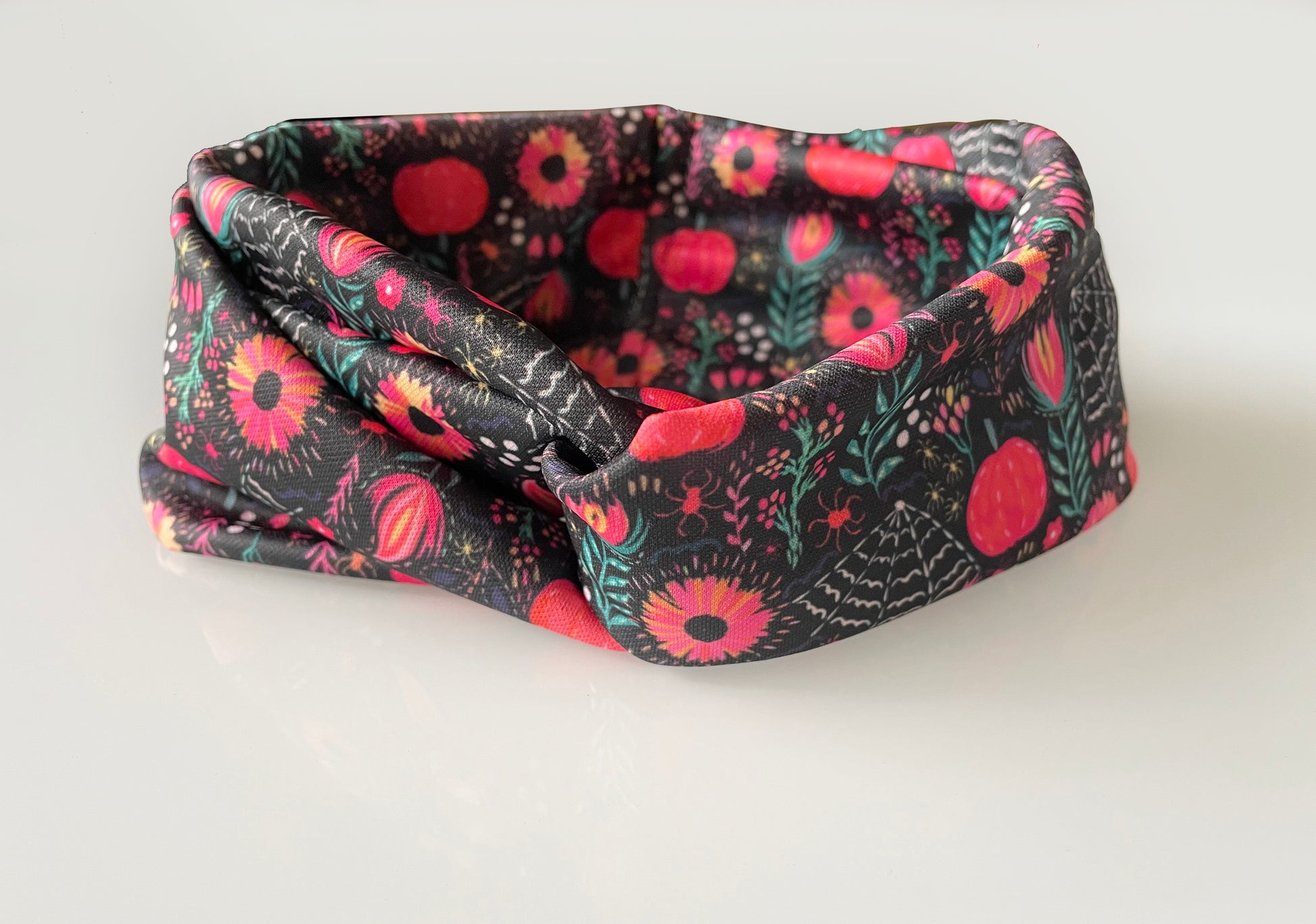 Bats pattern, boho halloween, headband, head wrap,  peach, terracotta, coral, pink, pumpkin, web, spiders, spider, flowers, flower
