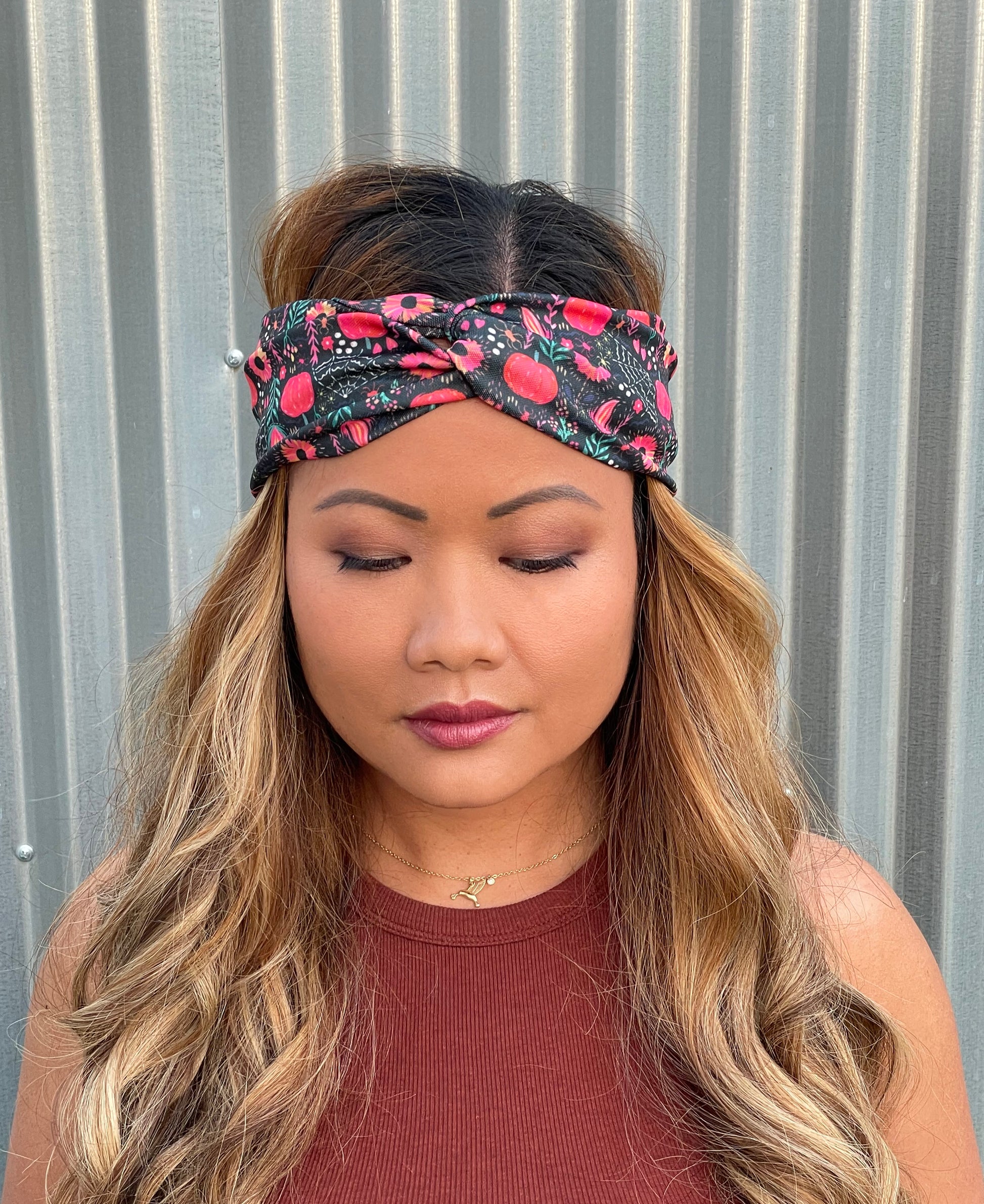 Bats pattern, boho halloween, headband, head wrap,  peach, terracotta, coral, pink, pumpkin, web, spiders, spider, flowers, flower