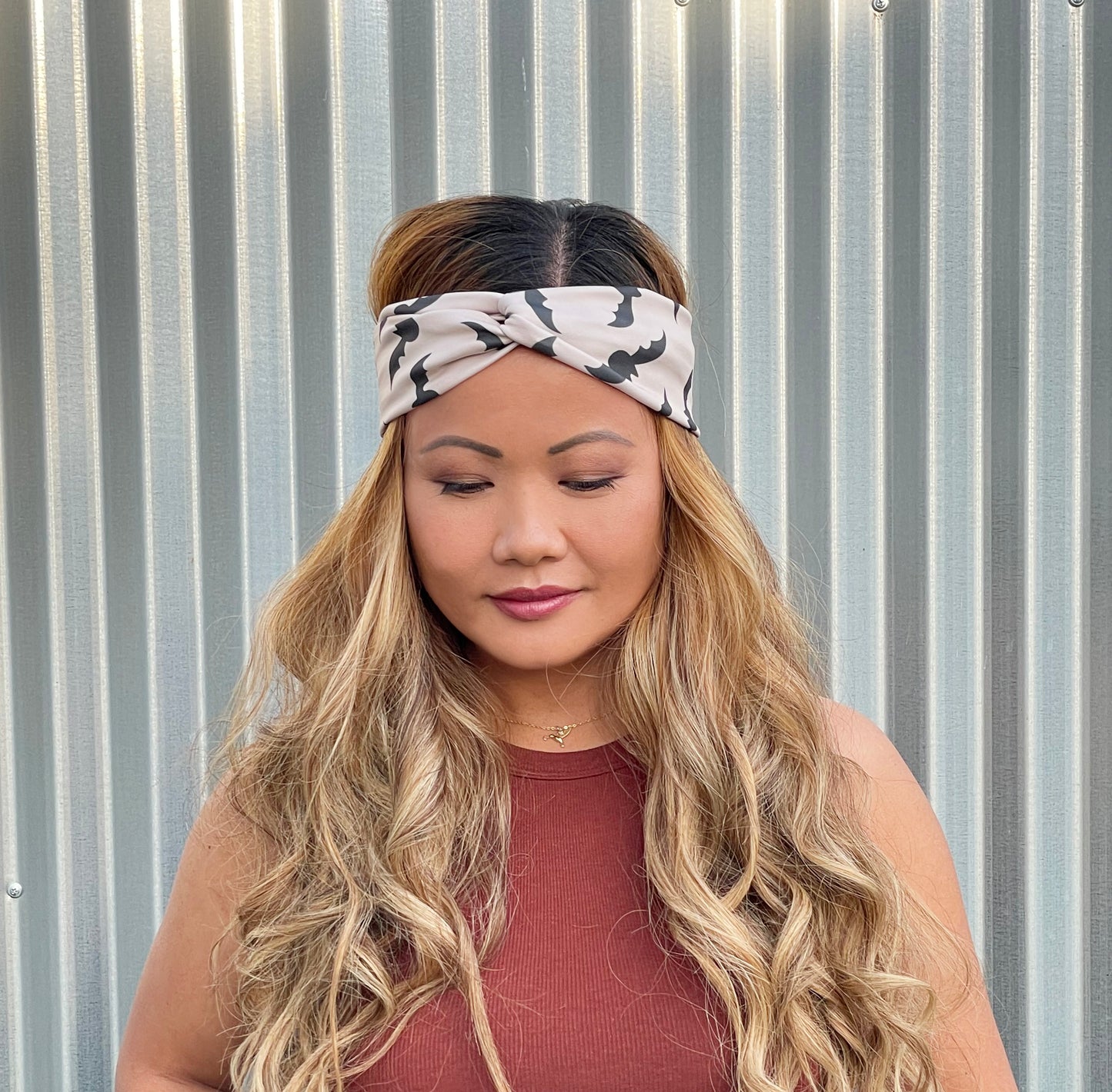 Bats pattern, boho halloween, headband, head wrap, peach, terracotta, coral, horror