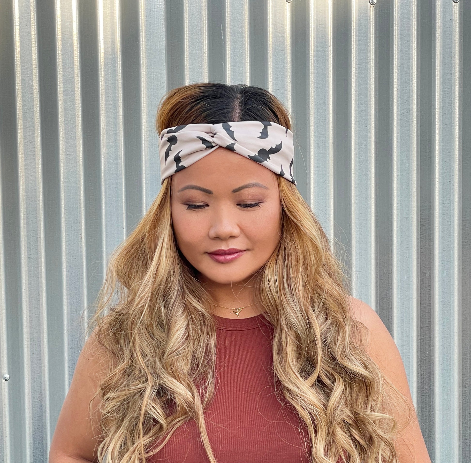 Bats pattern, boho halloween, headband, head wrap,  peach, terracotta, coral, horror