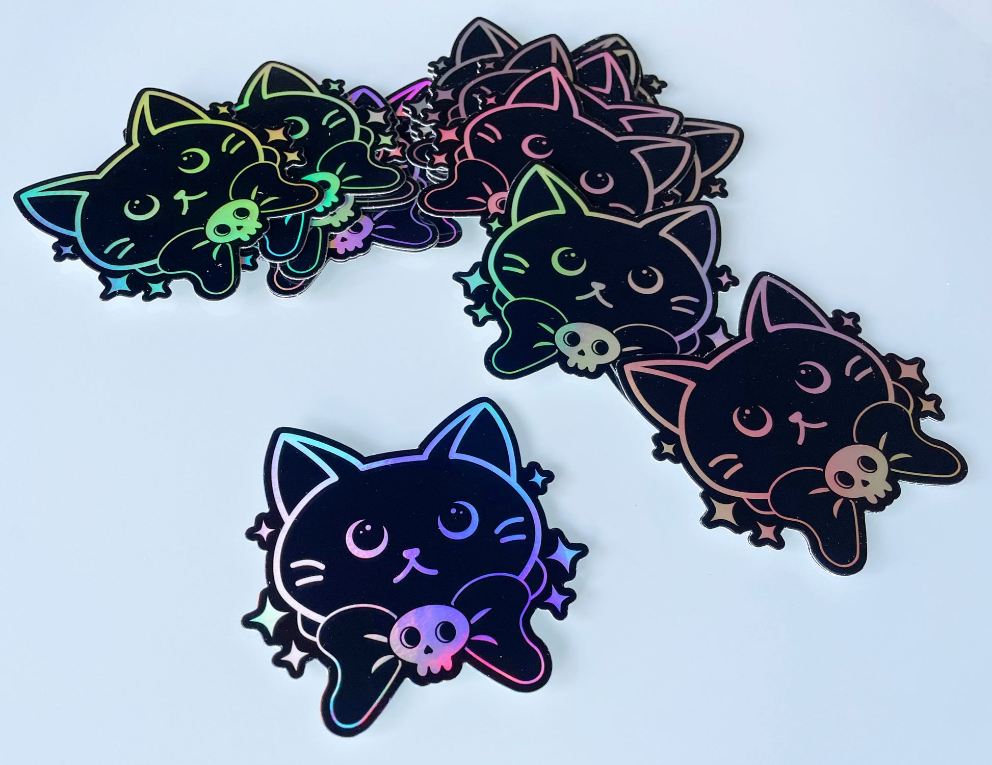 cat sticker, holographic sticker, vinyl, black, kitty, kitten, bow tie, skull, sparkles, water resistant