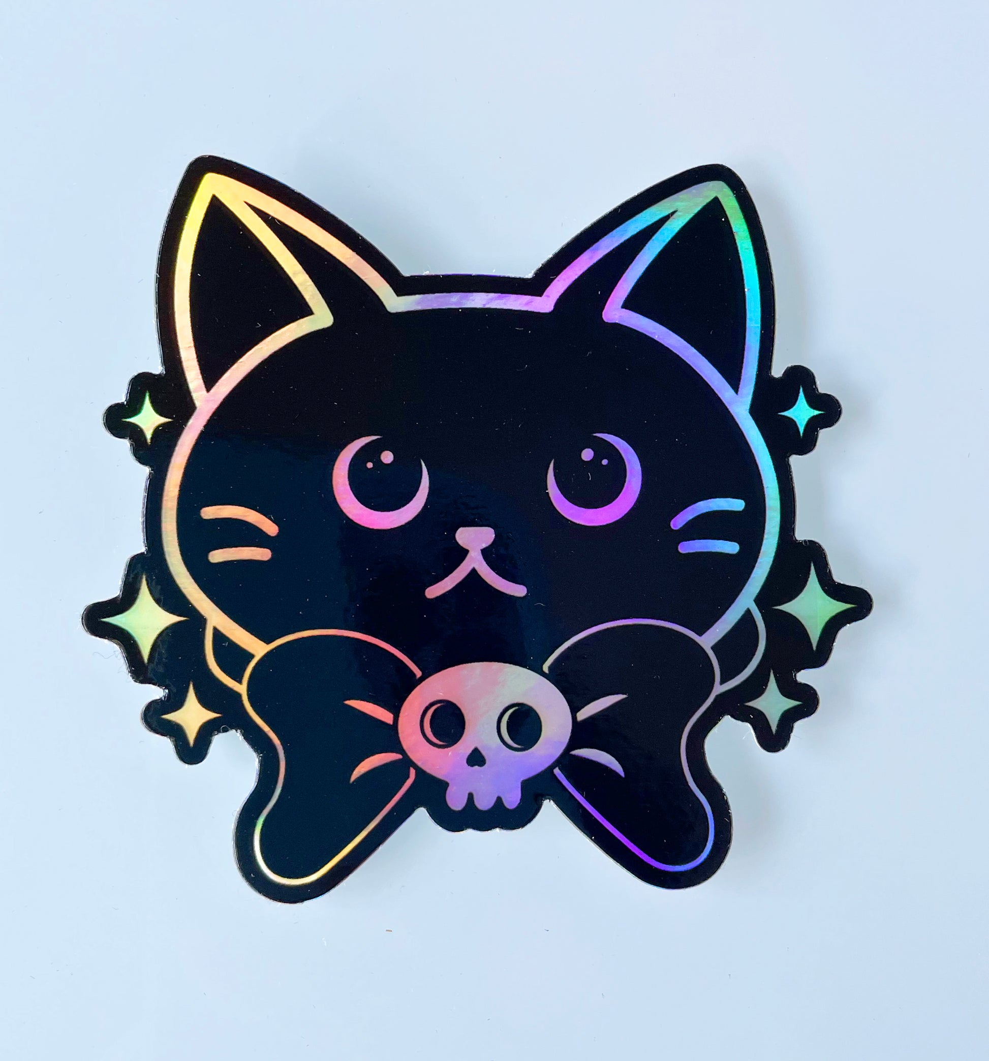 cat sticker, holographic sticker, vinyl, black, kitty, kitten, bow tie, skull, sparkles, water resistant