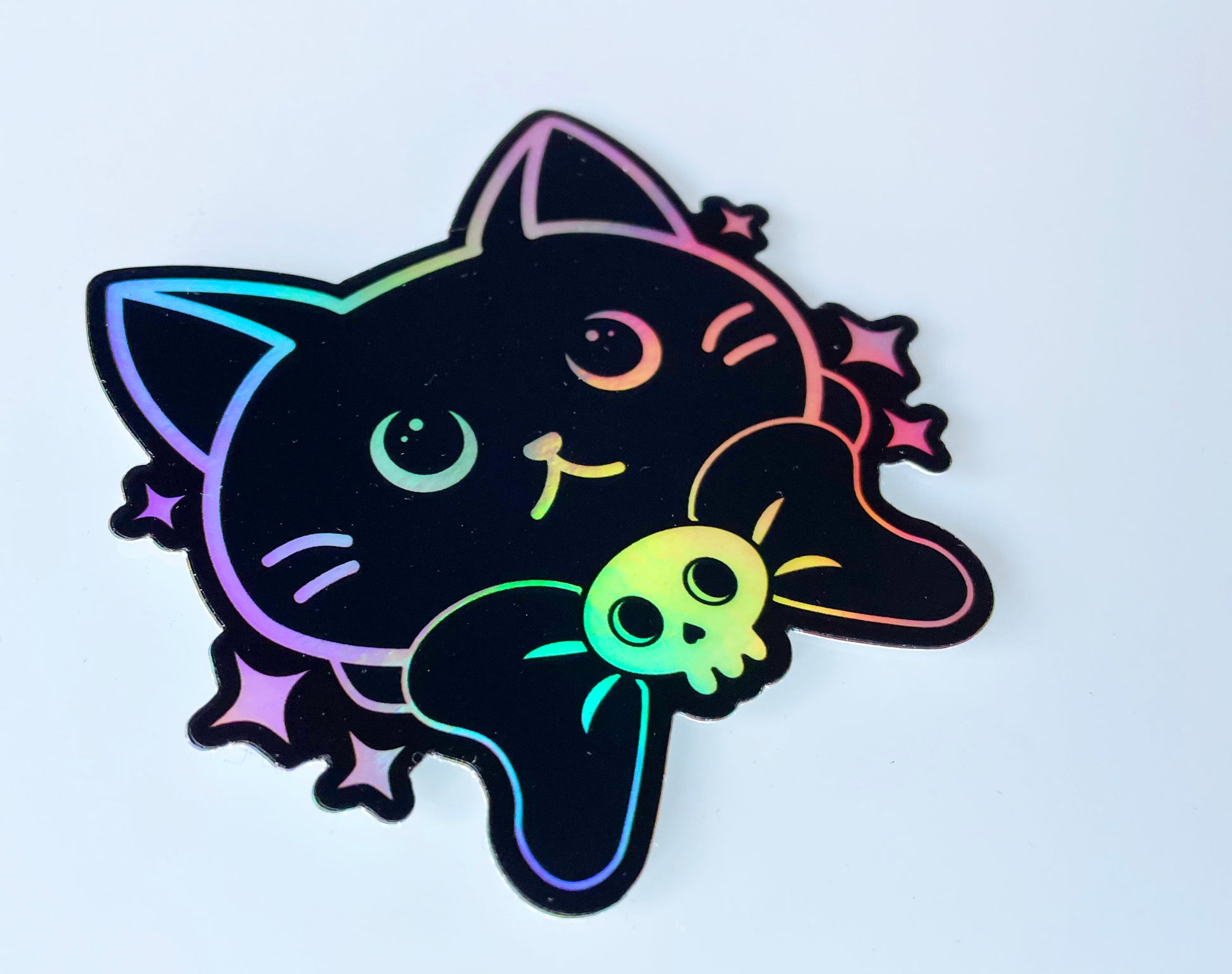 cat sticker, holographic sticker, vinyl, black, kitty, kitten, bow tie, skull, sparkles, water resistant