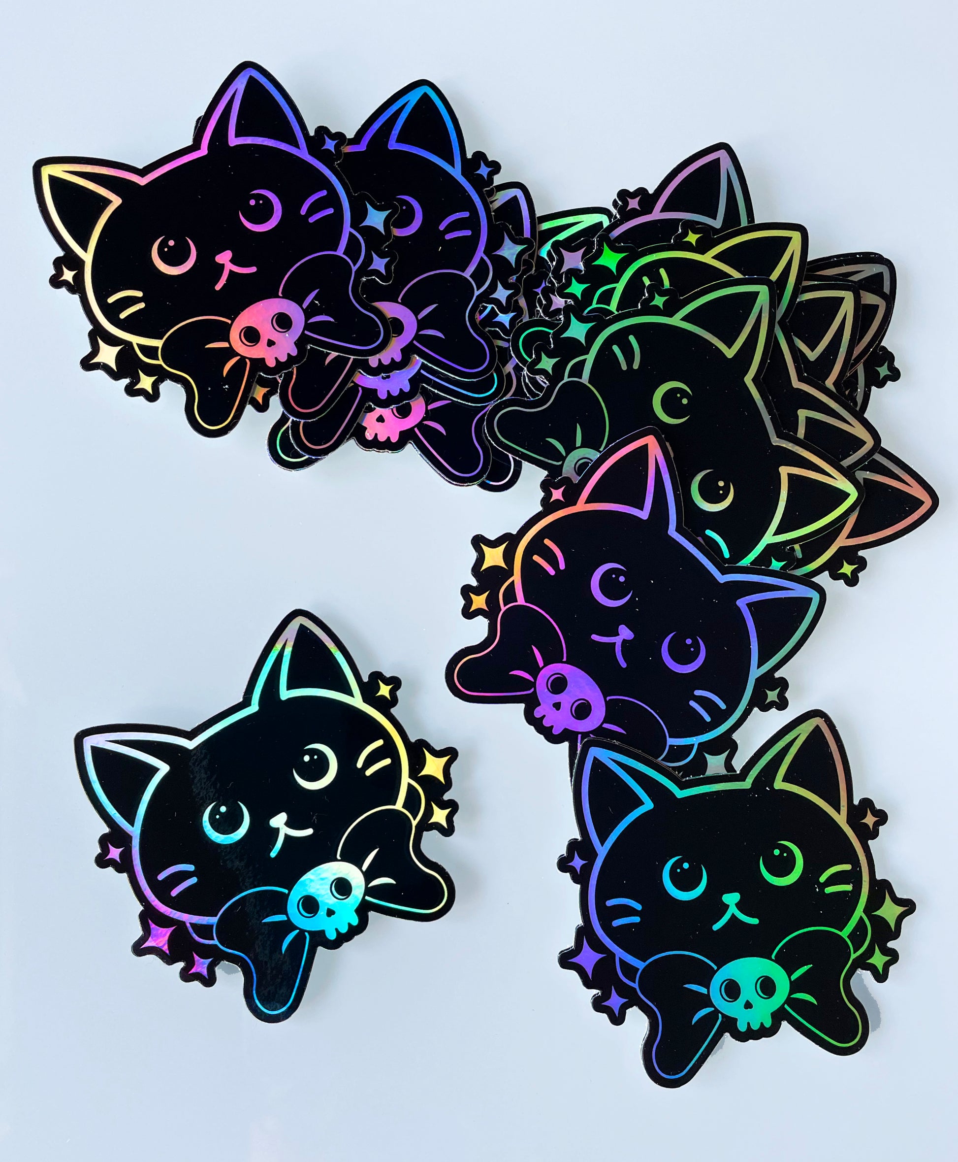 cat sticker, holographic sticker, vinyl, black, kitty, kitten, bow tie, skull, sparkles, water resistant