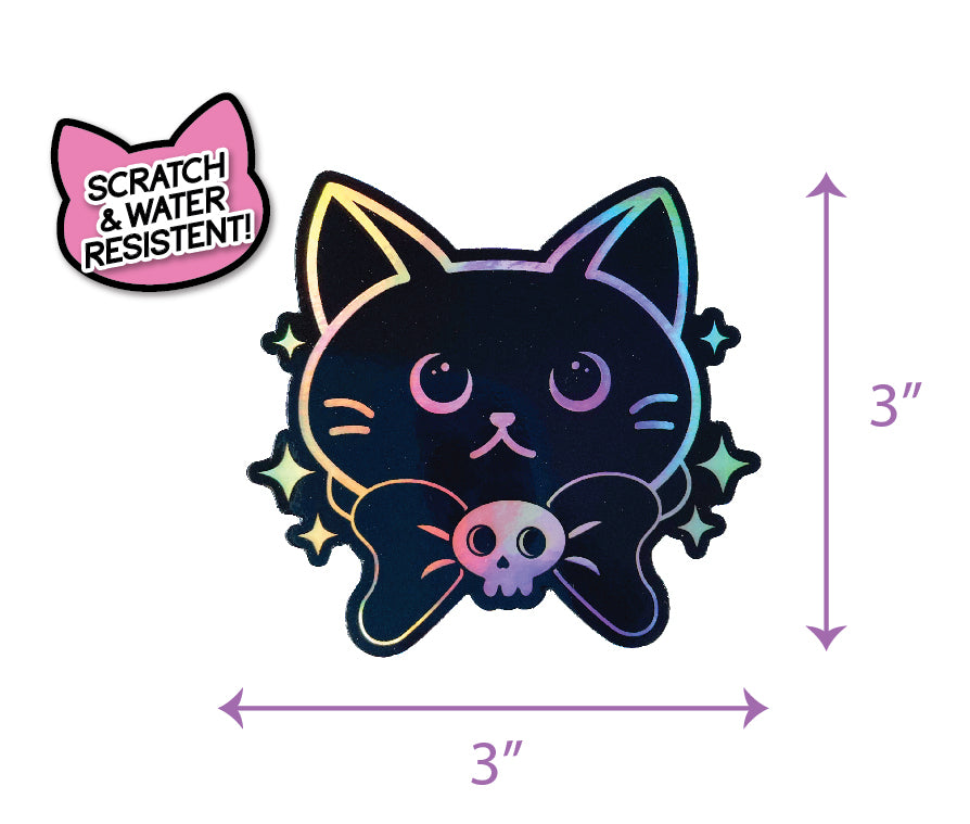 cat sticker, holographic sticker, vinyl, black, kitty, kitten, bow tie, skull, sparkles, water resistant