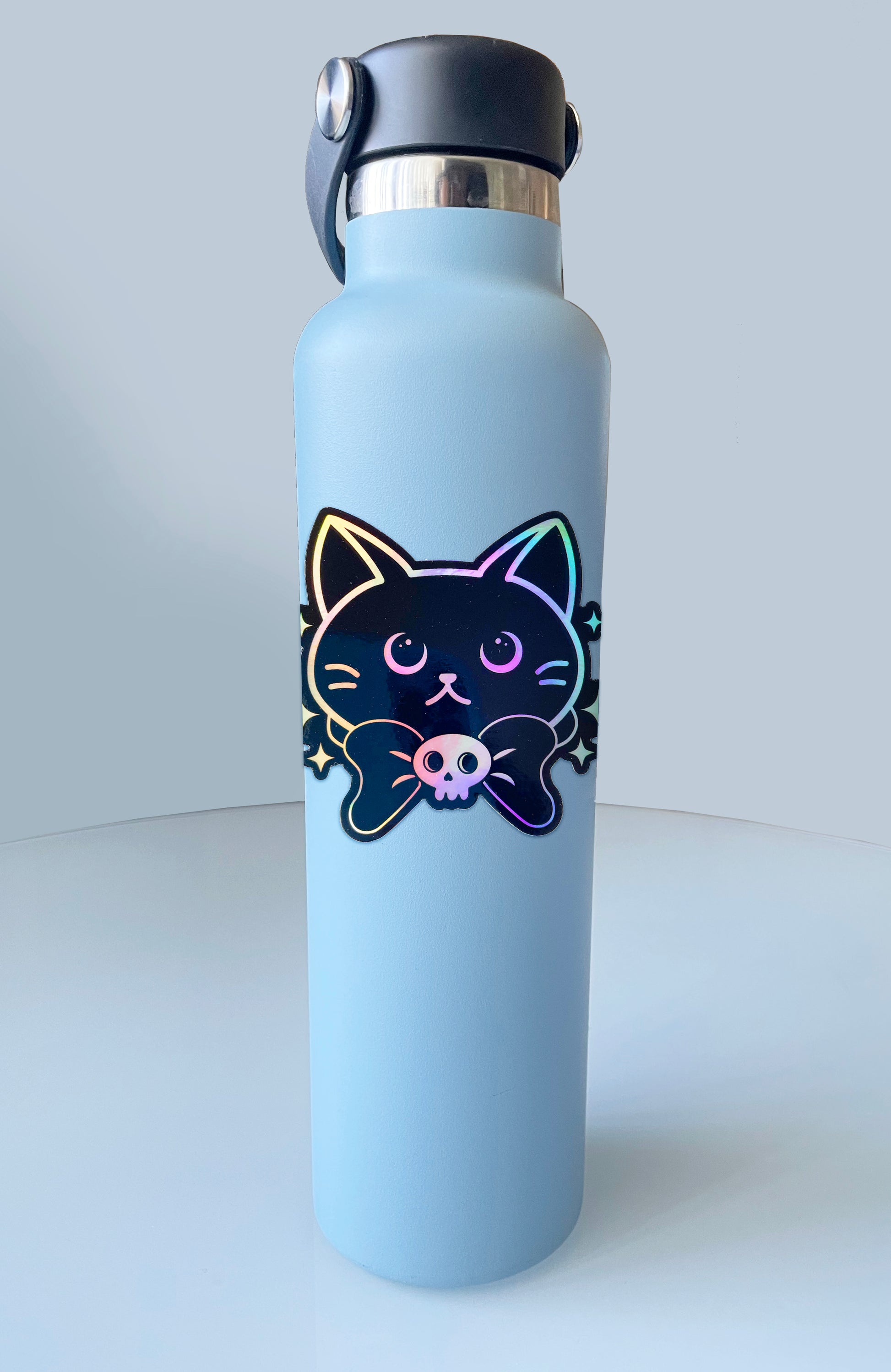 cat sticker, holographic sticker, vinyl, black, kitty, kitten, bow tie, skull, sparkles, water resistant