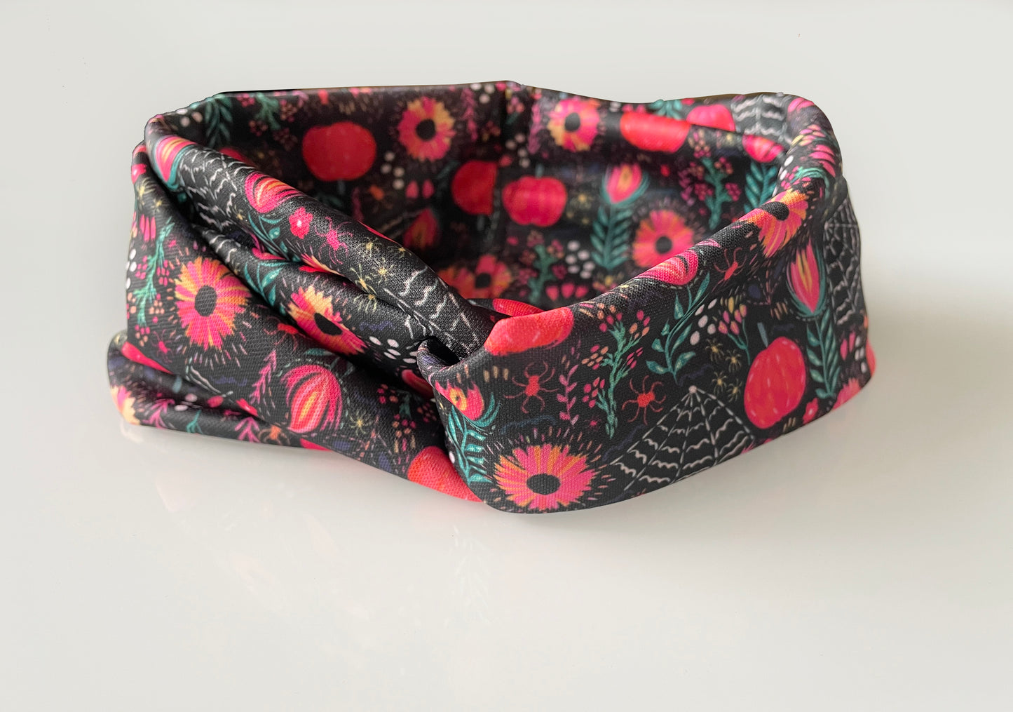 Bats pattern, boho halloween, headband, head wrap,  peach, terracotta, coral, pink, pumpkin, web, spiders, spider, flowers, flower