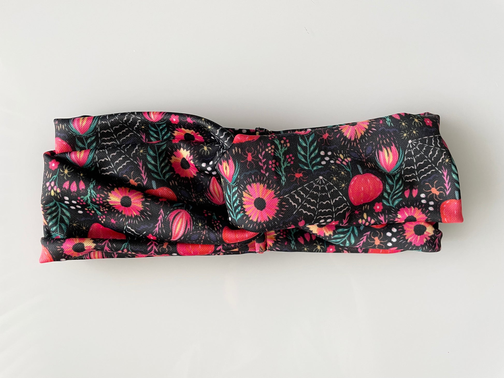 Bats pattern, boho halloween, headband, head wrap,  peach, terracotta, coral, pink, pumpkin, web, spiders, spider, flowers, flower