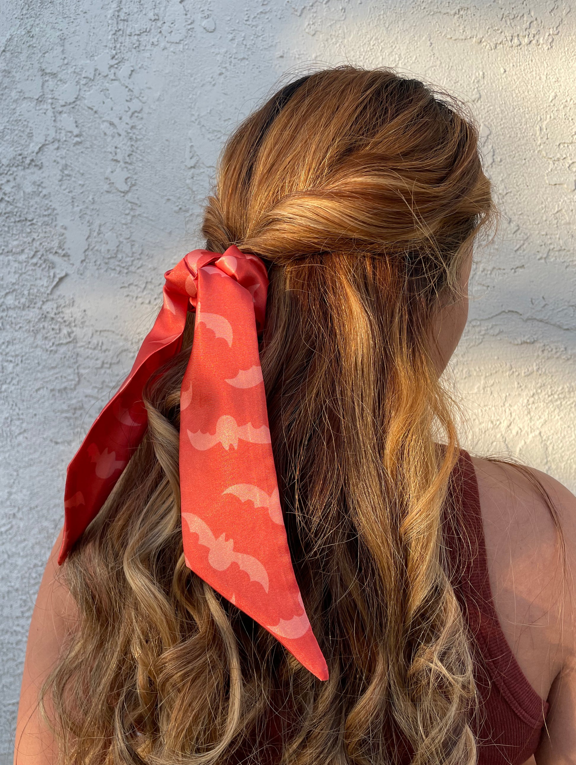 scrunch scarf, hair tie, scrunchie, bats, bat, halloween, black, rust, terracotta, peach, beige, pink, coral