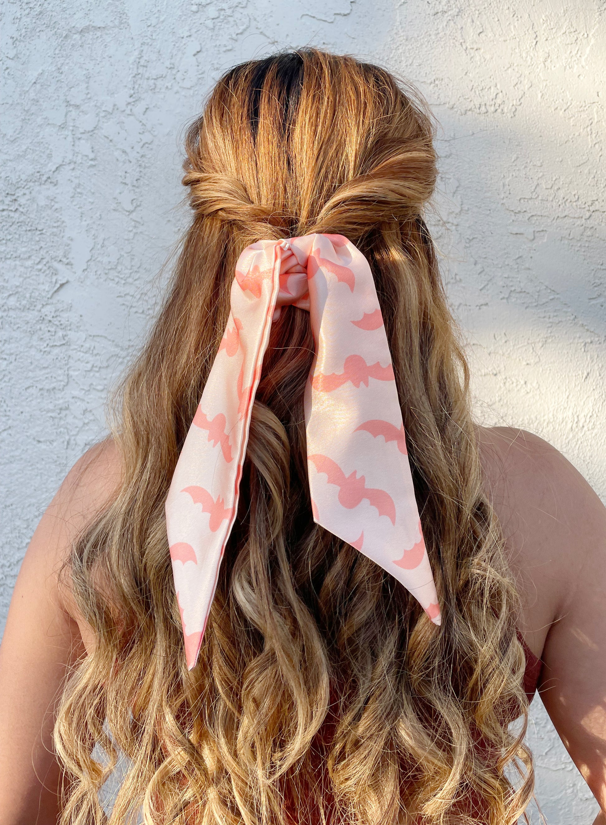 scrunch scarf, hair tie, scrunchie, bats, bat, halloween, black, rust, terracotta, peach, beige, pink, coral