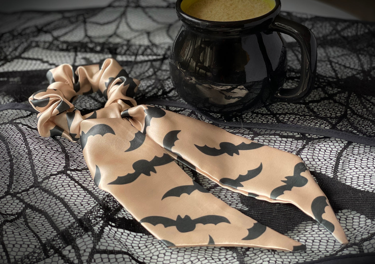 scrunch scarf, hair tie, scrunchie, bats, bat, halloween, black, rust, terracotta, peach, beige, pink, coral