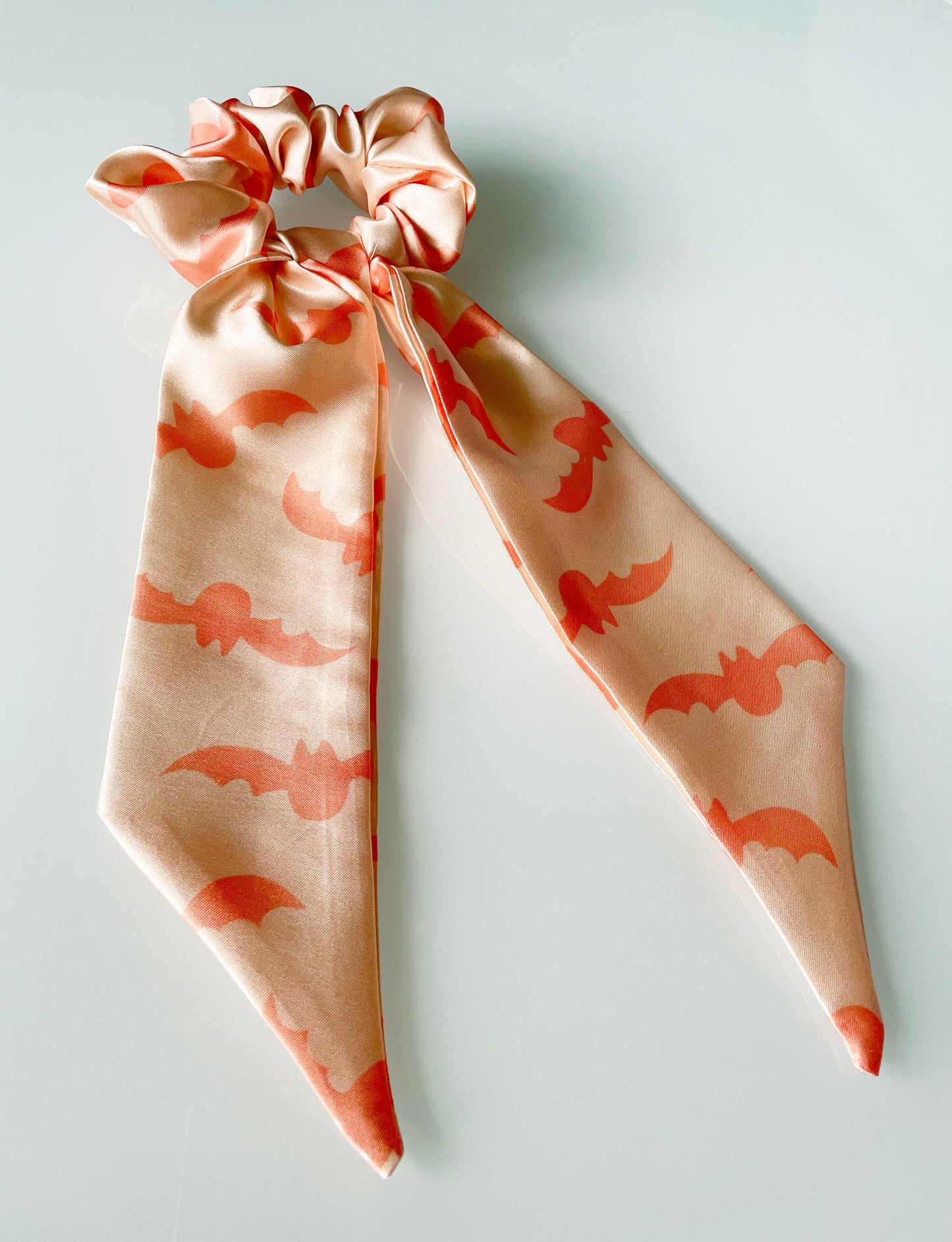scrunch scarf, hair tie, scrunchie, bats, bat, halloween, black, rust, terracotta, peach, beige, pink, coral