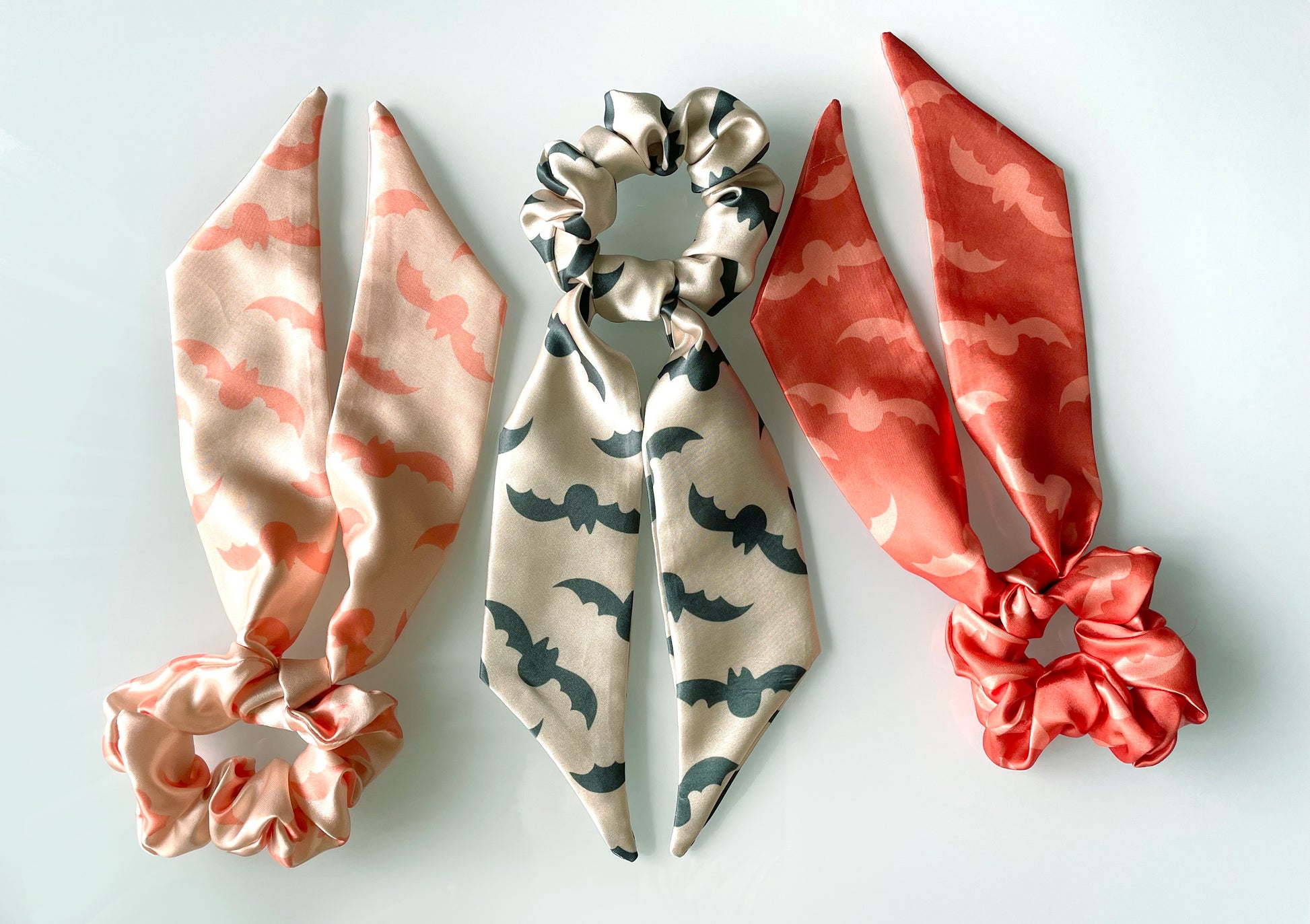 scrunch scarf, hair tie, scrunchie, bats, bat, halloween, black, rust, terracotta, peach, beige, pink, coral