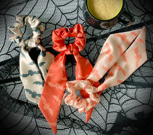 scrunch scarf, hair tie, scrunchie, bats, bat, halloween, black, rust, terracotta, peach, beige, pink, coral