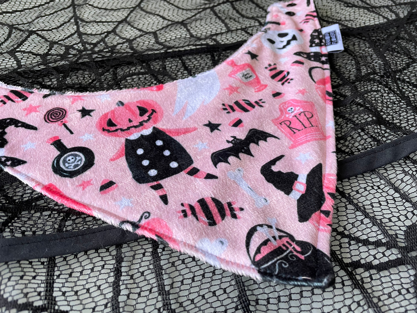 halloween, soft, minky, pink, pumpkin, poison, candy, bats, witch hat, bones, horror, bib, costume, baby, dogs, dog, fur babies, black, white