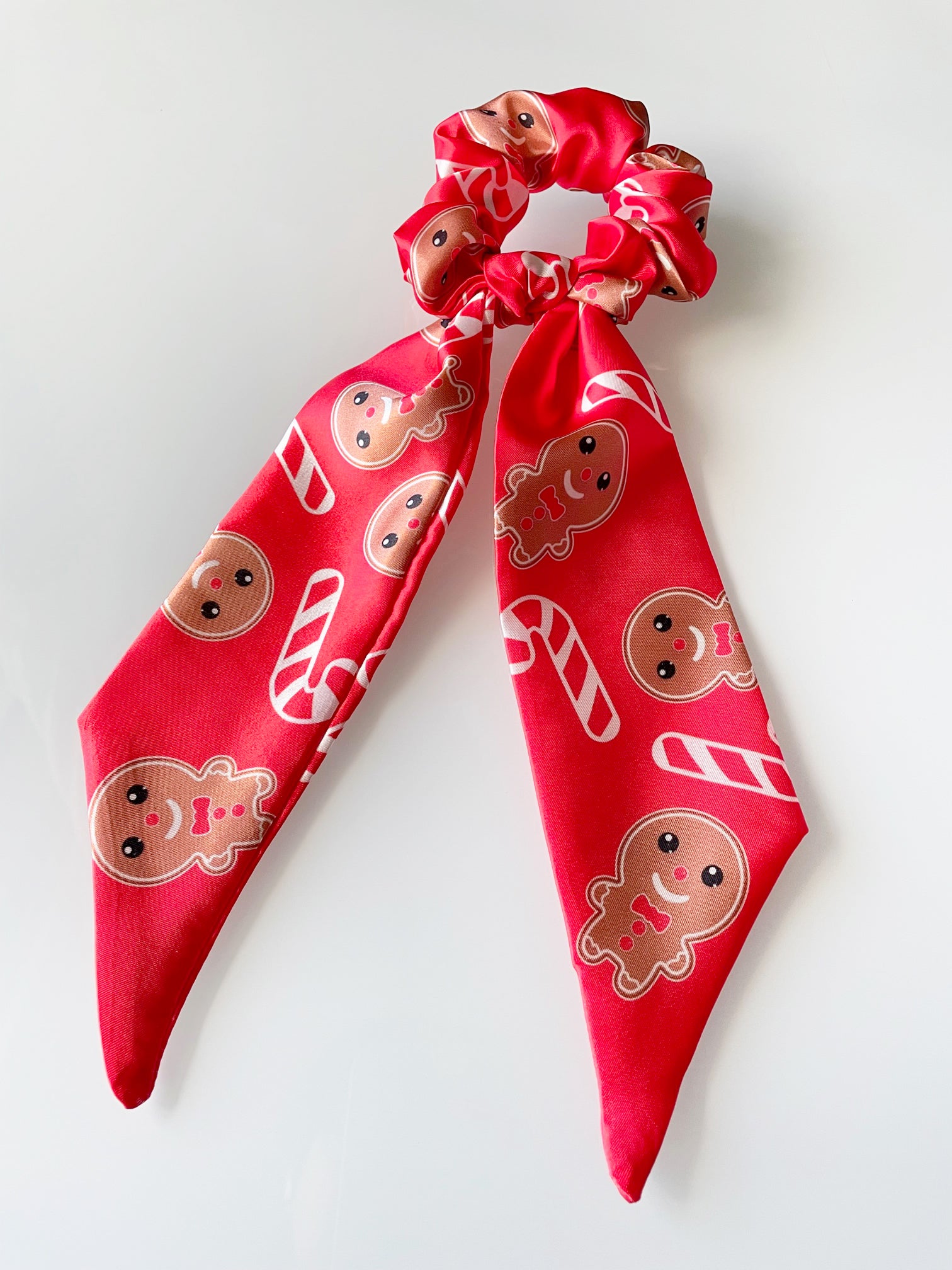 holiday, scrunchie, scarf, scrunchies, scrunchy, christmas, xmas, gingerbread, ginger, bread, man, gingerbread man, satin, striped, candy cane, candy, peppermint, white, shiny, cute, teacher fashion, kids fashion, fashion
