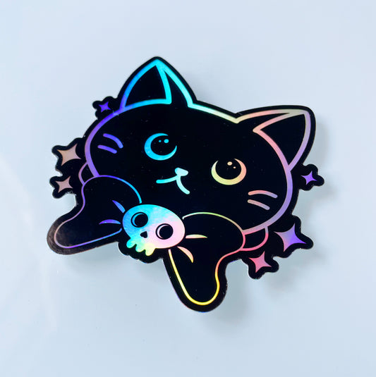 cat sticker, holographic sticker, vinyl, black, kitty, kitten, bow tie, skull, sparkles, water resistant